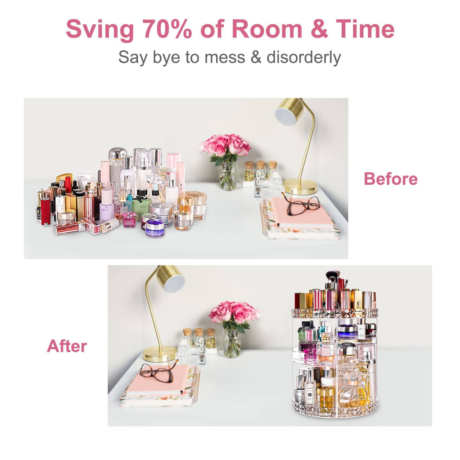 Picture of 360° Rotating Makeup Organizer Cosmetics Organizer Diamond Rotatable Cosmetics Storage Box Storage Tray Holder for Desktop Bathroom Bedroom Pink - Multicolor