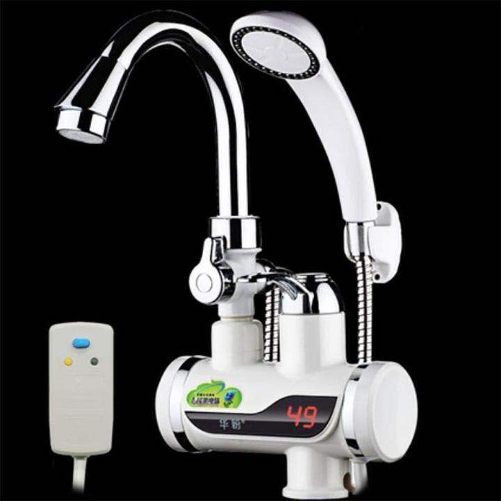 Picture of Electric Instant Thankless Digital Electric Hot Water Tap for any wall Mount with led Display with hand shower Faucet, Digital Bathroom Heater - Silver