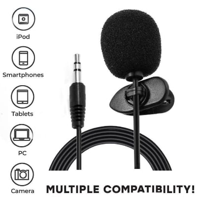 Picture of 3.5mm Jack Microphone Tie Clip - on Lapel Mikrofon Microfono Mic for Mobile Phone - Microphone for Smartphone and Audio Devices, Clear Sound, Universal Compatibility, Black