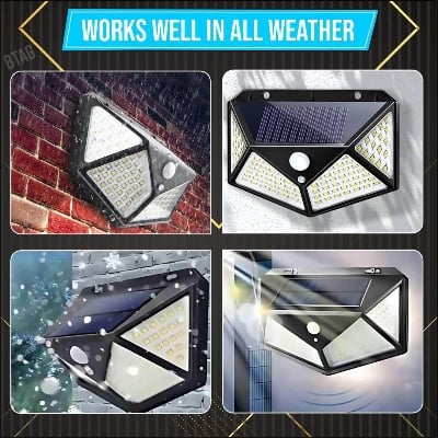Picture of 100 LED 4 Surface Solar Light solar induction, body induction light with PIR Motion Sensor| Outdoor Waterproof IP65 Solar Lamp for Garden, Patio & Street Light - Black