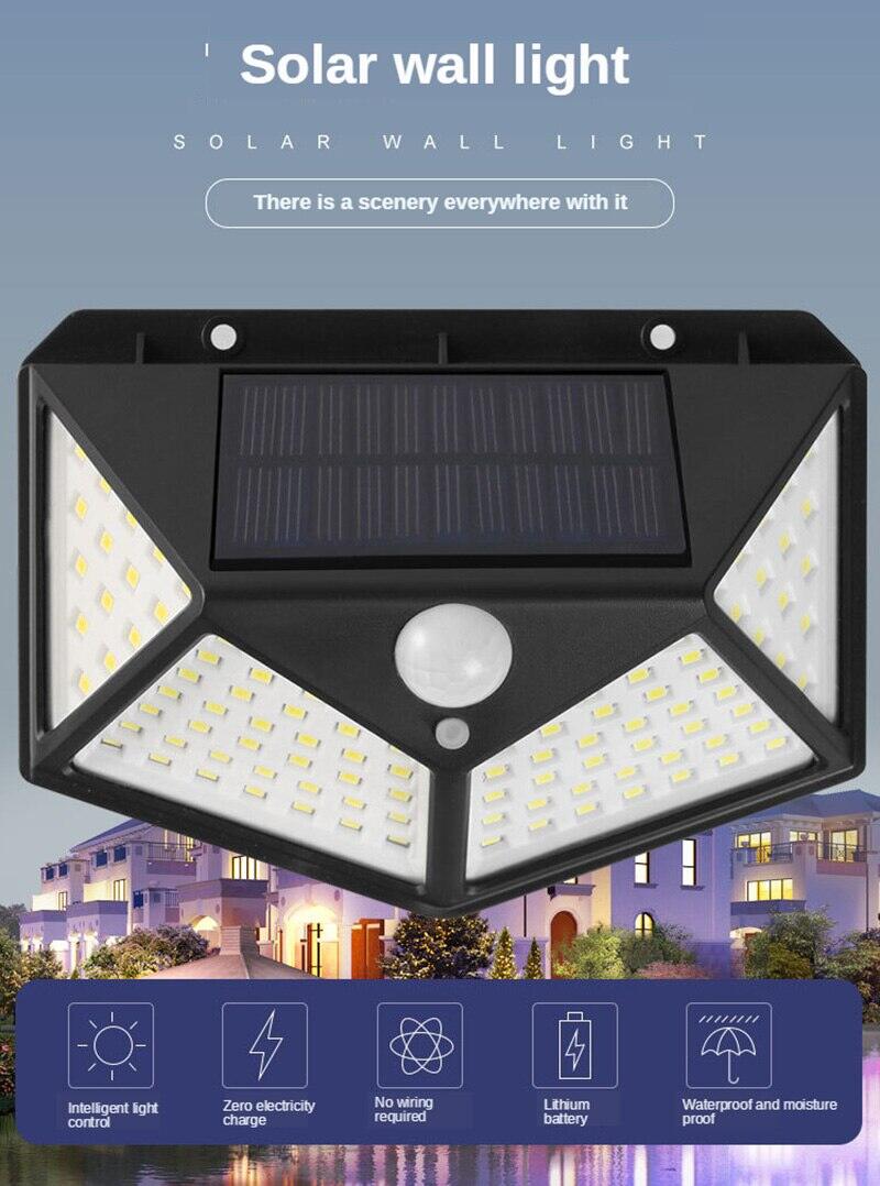 Picture of 100 LED 4 Surface Solar Light solar induction, body induction light with PIR Motion Sensor| Outdoor Waterproof IP65 Solar Lamp for Garden, Patio & Street Light - Black