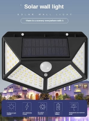 Picture of 100 LED 4 Surface Solar Light solar induction, body induction light with PIR Motion Sensor| Outdoor Waterproof IP65 Solar Lamp for Garden, Patio & Street Light - Black