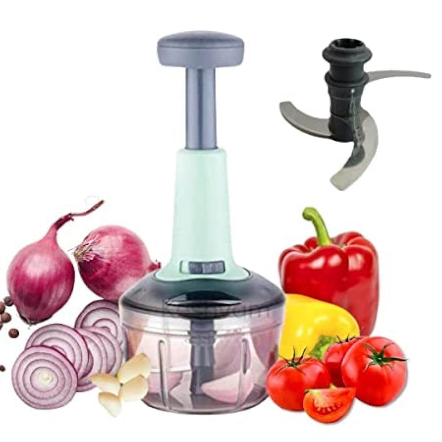 Picture of HIGH QUALITY LOCK AND UNLOCK SYSTEM PUSH CHOPPER 1100 ML Refined Taste - Push Chopper Plastic Vegetable Chopper Cutter, Vegetable Push Chopper for Kitchen, 3 Sharp Stainless Steel Blades, - Multicolor