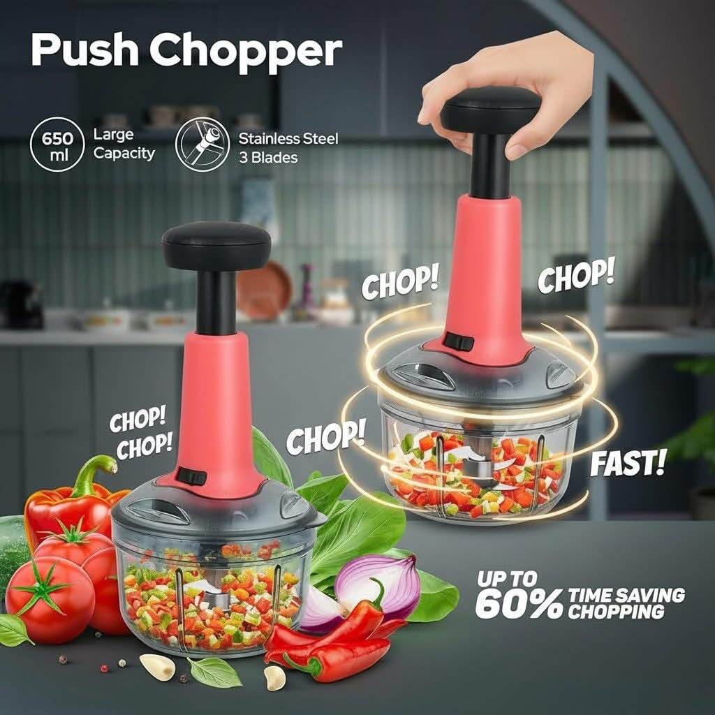 Picture of HIGH QUALITY LOCK AND UNLOCK SYSTEM PUSH CHOPPER 1100 ML Refined Taste - Push Chopper Plastic Vegetable Chopper Cutter, Vegetable Push Chopper for Kitchen, 3 Sharp Stainless Steel Blades, - Multicolor