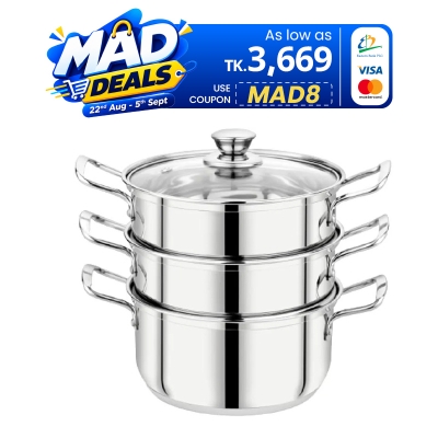 Picture of 24cm Maxfresh Stainless Steel Steamer/Modak/Momo Maker with See through Lid, (24cm x 3 tier),Silver