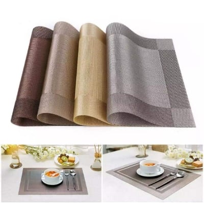 Picture of Placemats Set of 6 for Dining Table Washable PVC Woven Vinyl Placemat Non-Slip Heat Resistant Kitchen Table Mats Easy to Clean (Brown. coffee. gold and silver color) - Multicolor