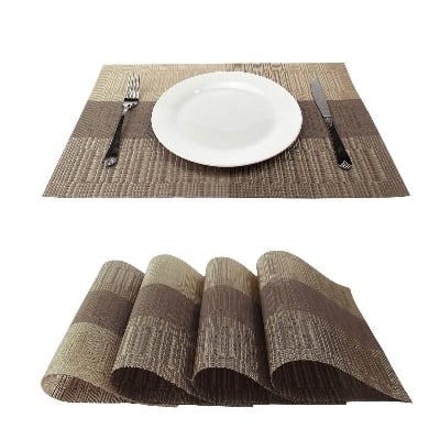 Picture of Placemats Set of 6 for Dining Table Washable PVC Woven Vinyl Placemat Non-Slip Heat Resistant Kitchen Table Mats Easy to Clean (Brown. coffee. gold and silver color) - Multicolor