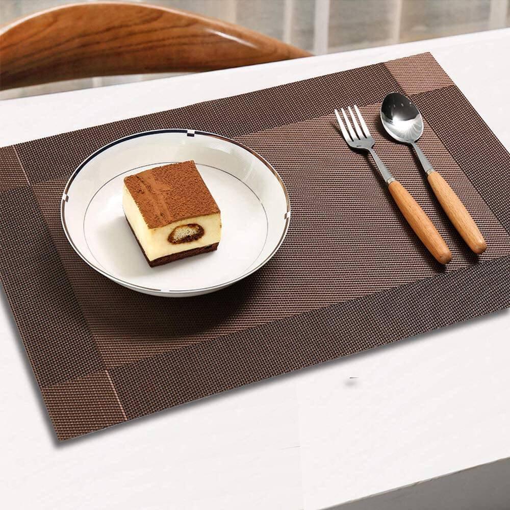 Picture of Placemats Set of 6 for Dining Table Washable PVC Woven Vinyl Placemat Non-Slip Heat Resistant Kitchen Table Mats Easy to Clean (Brown. coffee. gold and silver color) - Multicolor
