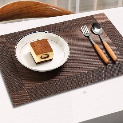 Picture of Placemats Set of 6 for Dining Table Washable PVC Woven Vinyl Placemat Non-Slip Heat Resistant Kitchen Table Mats Easy to Clean (Brown. coffee. gold and silver color) - Multicolor