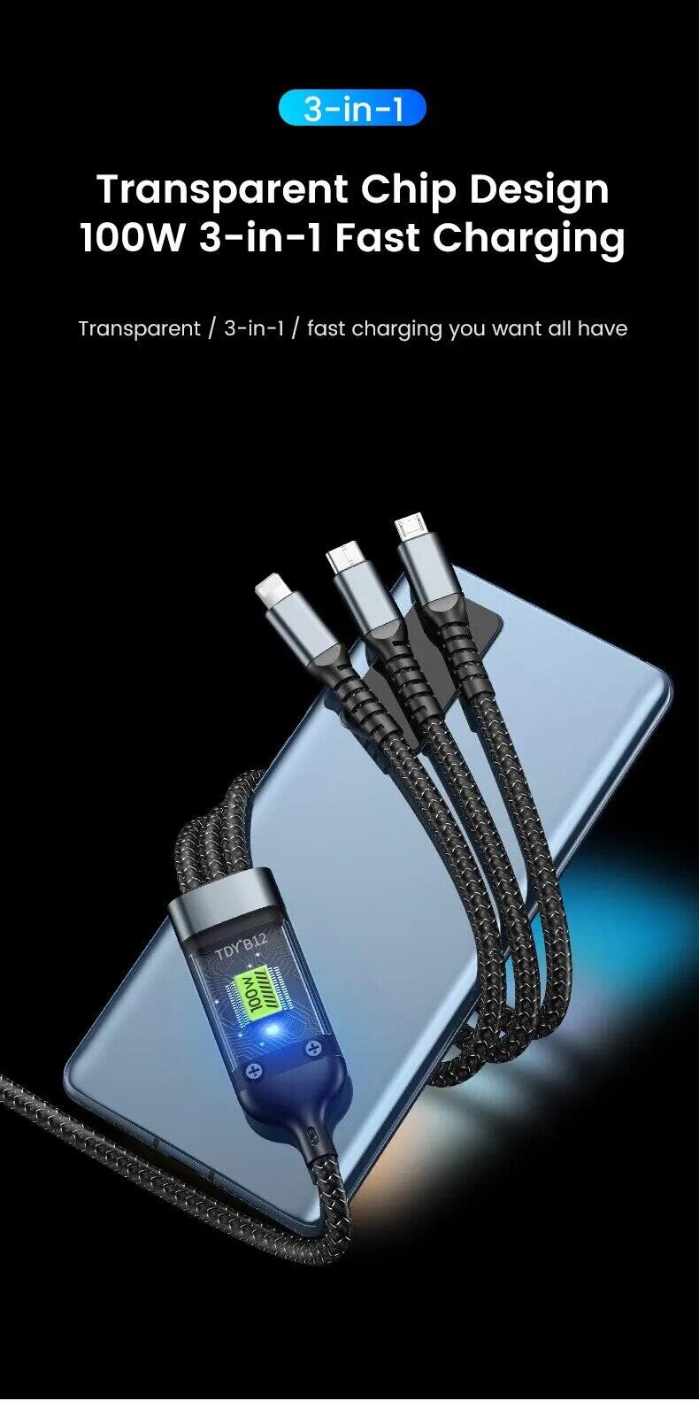 Picture of 3-in-1 Multi-Port 100W USB Type-C Fast Charging Cable for iPhone, Xiaomi, Poco, Huawei, Samsung