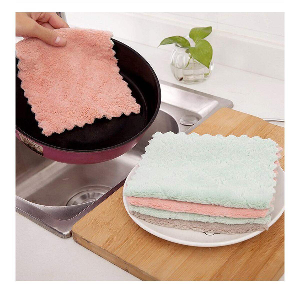 Picture of 5pcs/set Household Kitchen Towels Absorbent Thicker Double-layer Microfiber Wipe Table Kitchen Towel Cleaning Dish Washing Cloth - Multicolor