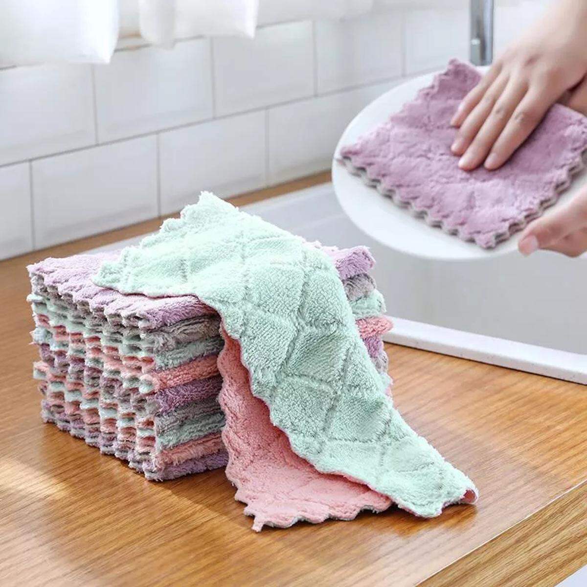 Picture of 5pcs/set Household Kitchen Towels Absorbent Thicker Double-layer Microfiber Wipe Table Kitchen Towel Cleaning Dish Washing Cloth - Multicolor