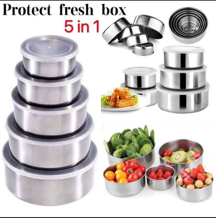 Picture of Stainless Steel Food Box 5 Pieces With Food Grade Plastic Cover - Tiffin Box For Office - Multicolor