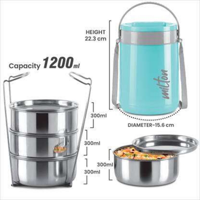 Picture of MILTON CLASSIC TIFFIN stainless steel containers BLUE 4 Containers Lunch Box  (1200 ml, Thermoware) - sky blue