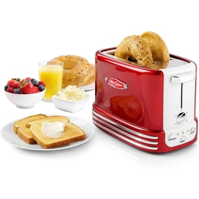 Picture of Nostalgia New and Improved Wide 2-Slice Toaster Perfect for Bread, English Muffins, Bagels, 5 Browning Levels, with Crumb Tray & Cord Storage, Retro Red - Red