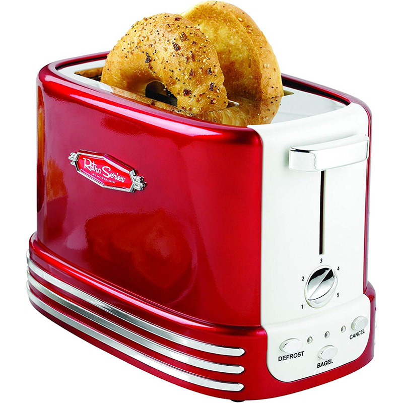 Picture of Nostalgia New and Improved Wide 2-Slice Toaster Perfect for Bread, English Muffins, Bagels, 5 Browning Levels, with Crumb Tray & Cord Storage, Retro Red - Red