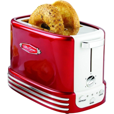 Picture of Nostalgia New and Improved Wide 2-Slice Toaster Perfect for Bread, English Muffins, Bagels, 5 Browning Levels, with Crumb Tray & Cord Storage, Retro Red - Red