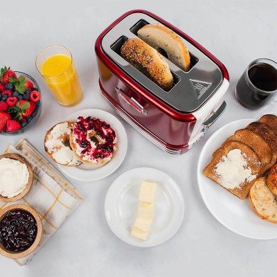 Picture of Nostalgia New and Improved Wide 2-Slice Toaster Perfect for Bread, English Muffins, Bagels, 5 Browning Levels, with Crumb Tray & Cord Storage, Retro Red - Red
