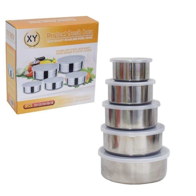Picture of 5Pcs Stainless Steel food box Set Multi-Functional Large Basin Stainless Steel tiffin box Set Soup Basin Stainless Steel Water Basin Home Kitchen Food box Container Storage - Silver