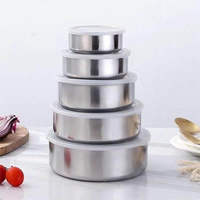 Picture of 5Pcs Stainless Steel food box Set Multi-Functional Large Basin Stainless Steel tiffin box Set Soup Basin Stainless Steel Water Basin Home Kitchen Food box Container Storage - Silver