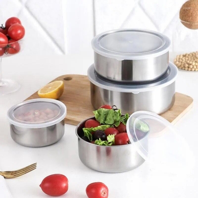 Picture of 5Pcs Stainless Steel food box Set Multi-Functional Large Basin Stainless Steel tiffin box Set Soup Basin Stainless Steel Water Basin Home Kitchen Food box Container Storage - Silver