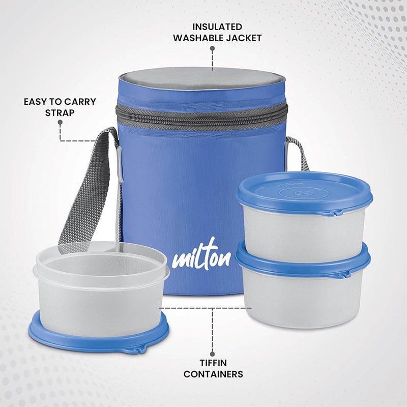 Picture of MILTON Softline Foodie Tiffin Insulated Lunch Box, Set of 3, (280 ml Each) - Blue