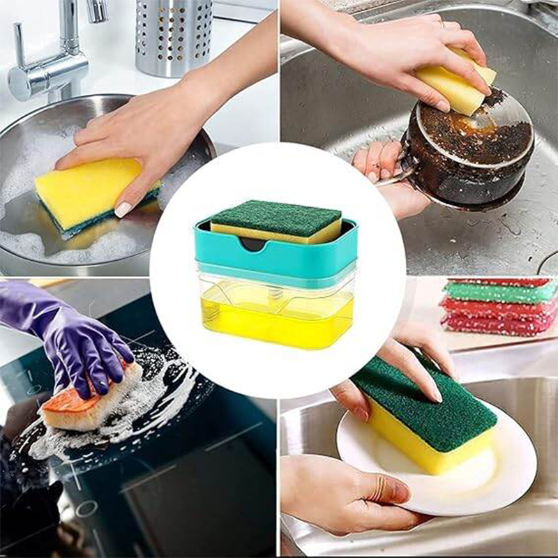 Picture of KITCHEN DISHWASHER LIQUID SOAP PUMP DISPENSER WITH SPONGE HOLDER DISH CLEANER TOOL 