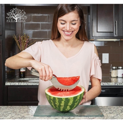 Picture of Premium Stainless Steel Watermelon Slicer Cutter – Heavy Duty 304 Steel Fruit Knife, Easy Cubing & Serving Tool - Silver