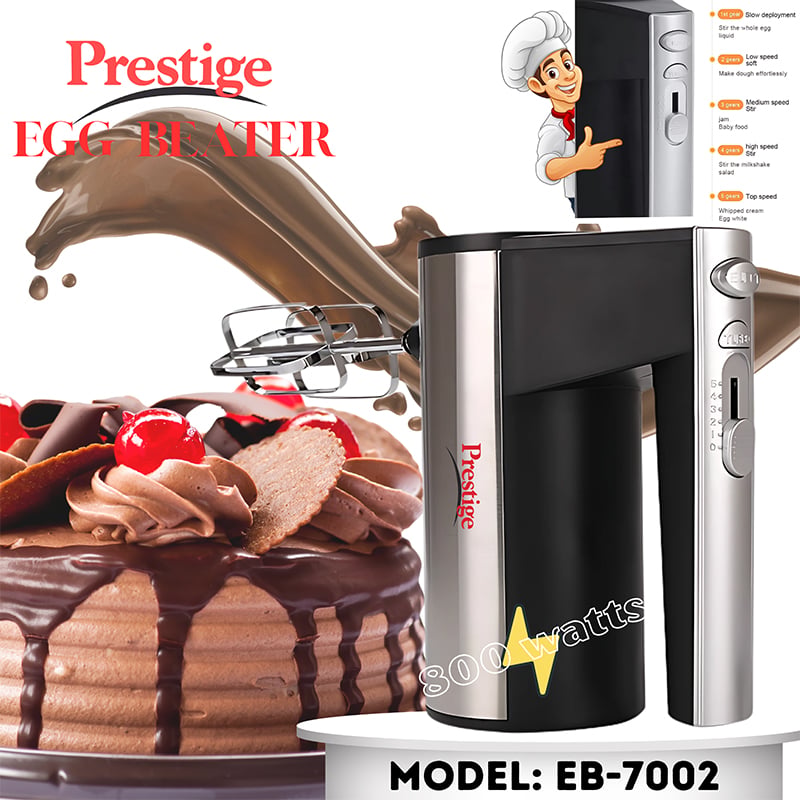 Picture of Prestige Stainless Steel Body 800 watts Household Electric Egg Beater, Baking Tools - Silver