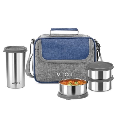 Picture of MILTON Daily Meal Lunch Box with Unisex Bag, 3 Stainless Steel Containers 300 ml Each & Tumbler 400 ml, Leak-Proof Tiffin for Office, College, Picnic, Grey - Multicolor