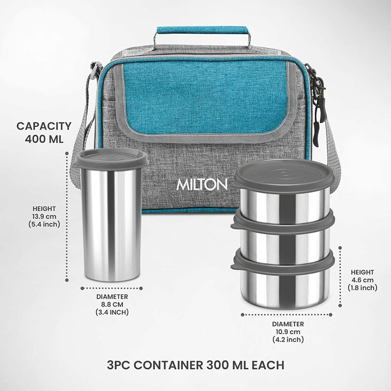 Picture of MILTON Daily Meal Lunch Box with Unisex Bag, 3 Stainless Steel Containers 300 ml Each & Tumbler 400 ml, Leak-Proof Tiffin for Office, College, Picnic, Grey - Multicolor