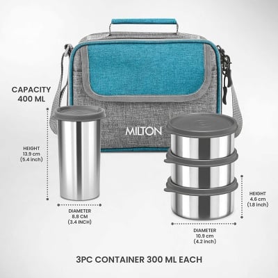 Picture of MILTON Daily Meal Lunch Box with Unisex Bag, 3 Stainless Steel Containers 300 ml Each & Tumbler 400 ml, Leak-Proof Tiffin for Office, College, Picnic, Grey - Multicolor
