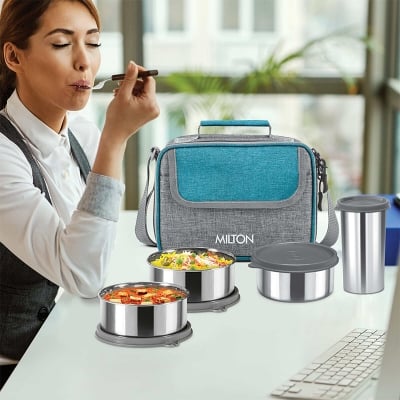 Picture of MILTON Daily Meal Lunch Box with Unisex Bag, 3 Stainless Steel Containers 300 ml Each & Tumbler 400 ml, Leak-Proof Tiffin for Office, College, Picnic, Grey - Multicolor