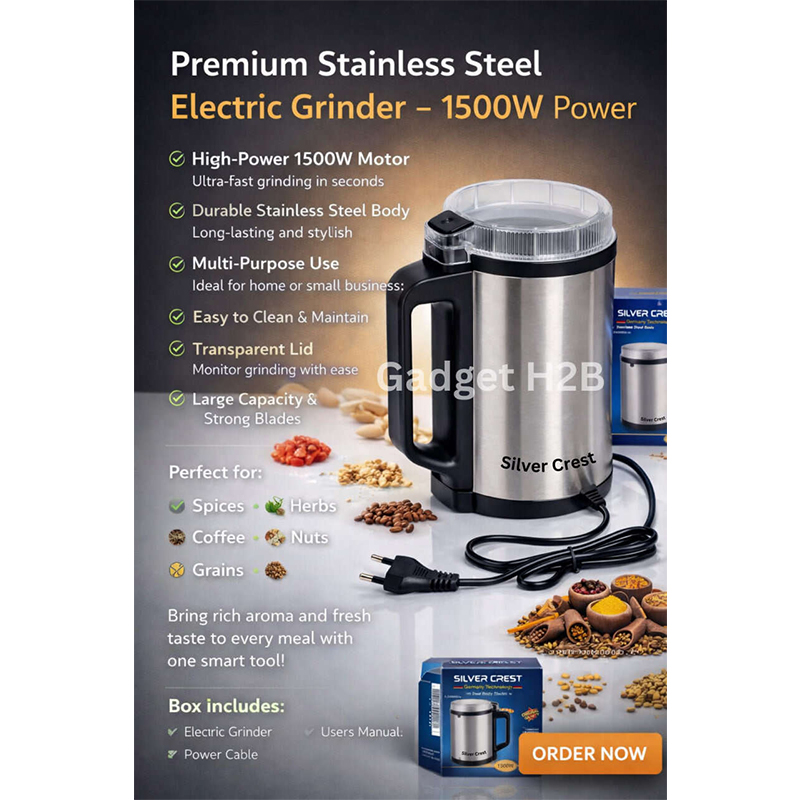 Picture of Silver Crest 1500W Stainless Steel Electric Mini Grinder – Dry & Wet Grinding Machine for Spices, Coffee, Rice & Nuts (High Speed Powerful Motor) - Silver