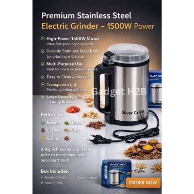 Picture of Silver Crest 1500W Stainless Steel Electric Mini Grinder – Dry & Wet Grinding Machine for Spices, Coffee, Rice & Nuts (High Speed Powerful Motor) - Silver