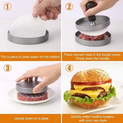 Picture of Premium Aluminum Burger Patty Press Mold with Non-Slip Handle | Non-Stick Hamburger Maker for BBQ Kitchen Cooking - Silver