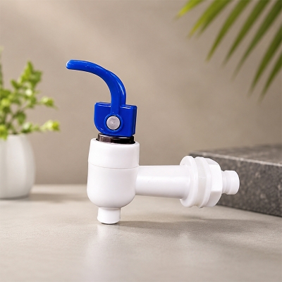 Picture of Premium Food Grade Plastic Water Dispenser Tap | Leak-Proof Beverage Bucket Faucet | Replacement Water Jug Spigot With Easy Push Handle | White Body With Blue/Red Lever | Durable Drink Dispenser Valve
