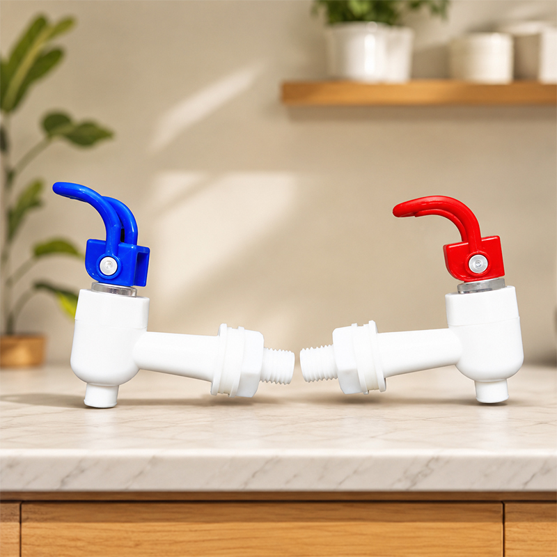 Picture of Premium Food Grade Plastic Water Dispenser Tap | Leak-Proof Beverage Bucket Faucet | Replacement Water Jug Spigot With Easy Push Handle | White Body With Blue/Red Lever | Durable Drink Dispenser Valve