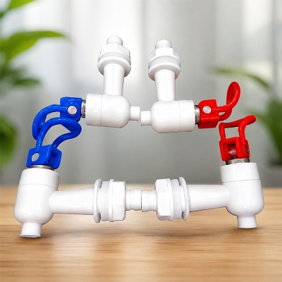 Picture of Premium Food Grade Plastic Water Dispenser Tap | Leak-Proof Beverage Bucket Faucet | Replacement Water Jug Spigot With Easy Push Handle | White Body With Blue/Red Lever | Durable Drink Dispenser Valve