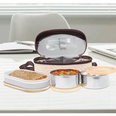 Picture of MILTON Stainless Steel Executive Lunch Insulated Tiffin, 2 Round Containers, 280 Ml Each, 1 Oval Container, 450 Ml, Beige