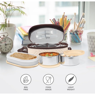 Picture of MILTON Stainless Steel Executive Lunch Insulated Tiffin, 2 Round Containers, 280 Ml Each, 1 Oval Container, 450 Ml, Beige