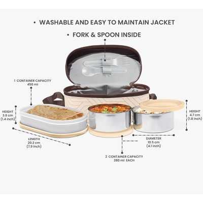 Picture of MILTON Stainless Steel Executive Lunch Insulated Tiffin, 2 Round Containers, 280 Ml Each, 1 Oval Container, 450 Ml, Beige