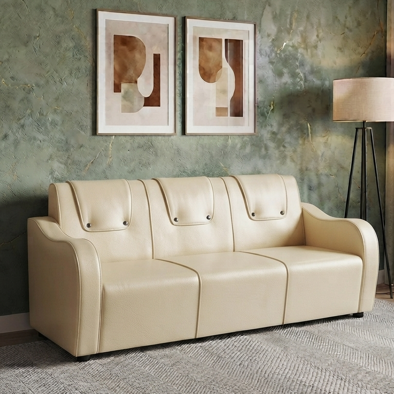 Picture of NF Luxury & Stylish Modern Cream Color Faux Artificial Leather Sofa Set- Comfortable 3, 2, 1 Seater Sofa - Durable & Easy to Clean, PU Leather Sofa for Living Room and Office Use.