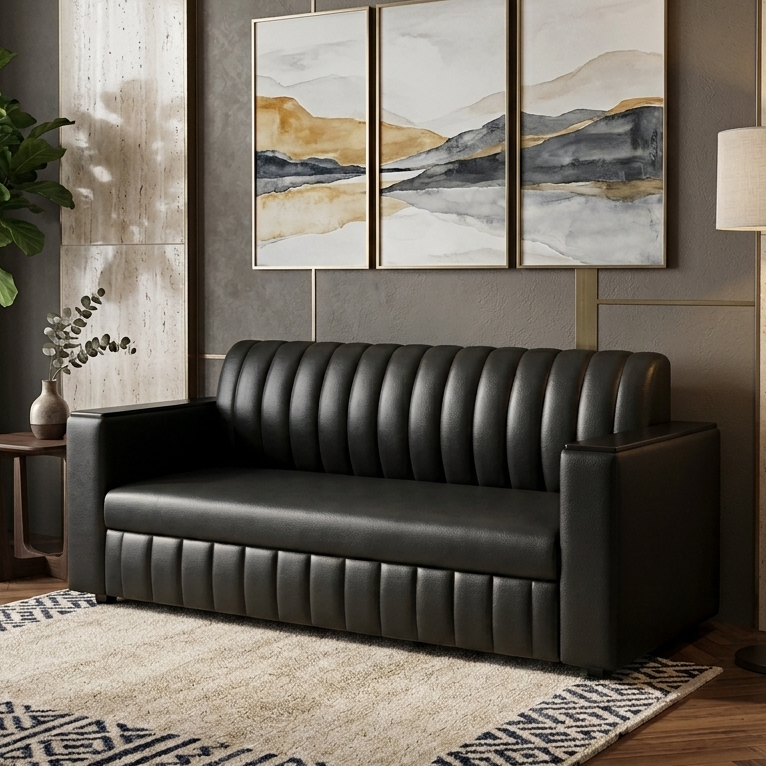 Picture of NF Modern Black Artificial Leather 3, 2, 1 Seater Sofa Set with Cupboard Armrest, Premium Leatherette  Couch for Living Room & Office Use,
