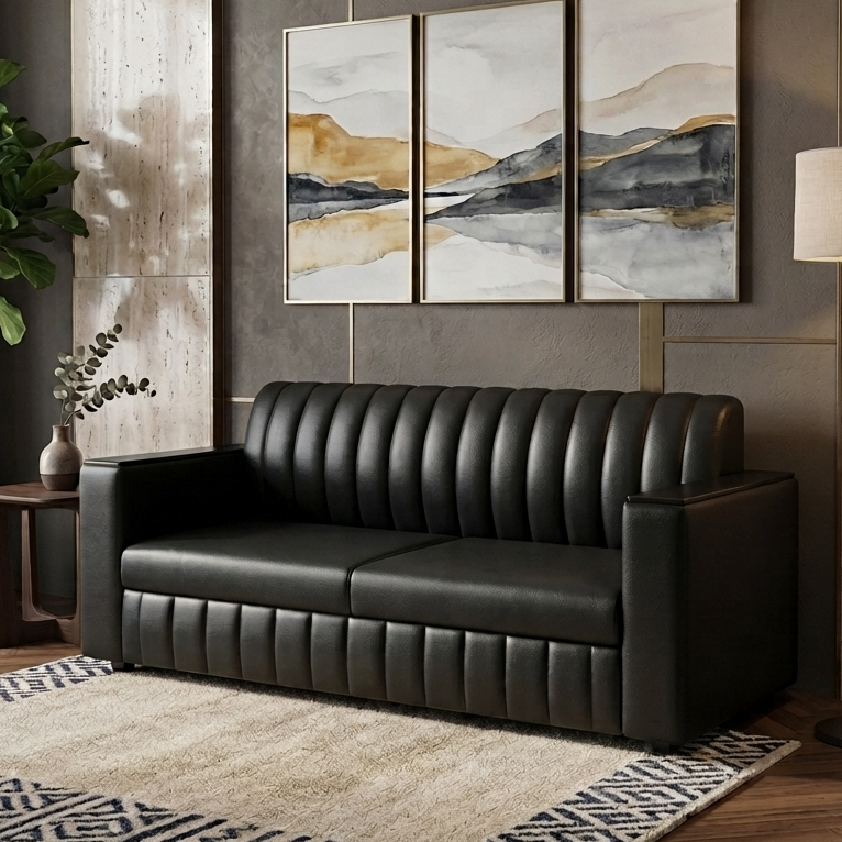 Picture of NF Modern Black Artificial Leather 3, 2, 1 Seater Sofa Set with Cupboard Armrest, Premium Leatherette  Couch for Living Room & Office Use,