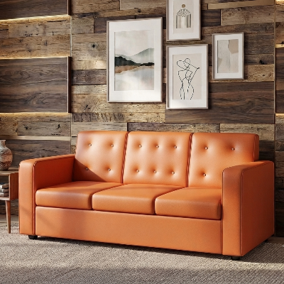 Picture of NF Trendy Tan Orange Artificial Faux Leather Sofa with Crystal Diamond Button- 3, 2, 1 Seater Luxury Sofa Set, Leatherette Sofa for Living Room and Office Use,