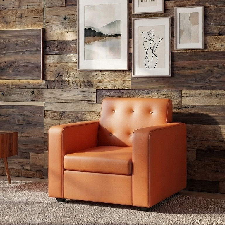 Picture of NF Trendy Tan Orange Artificial Faux Leather Sofa with Crystal Diamond Button- 3, 2, 1 Seater Luxury Sofa Set, Leatherette Sofa for Living Room and Office Use,