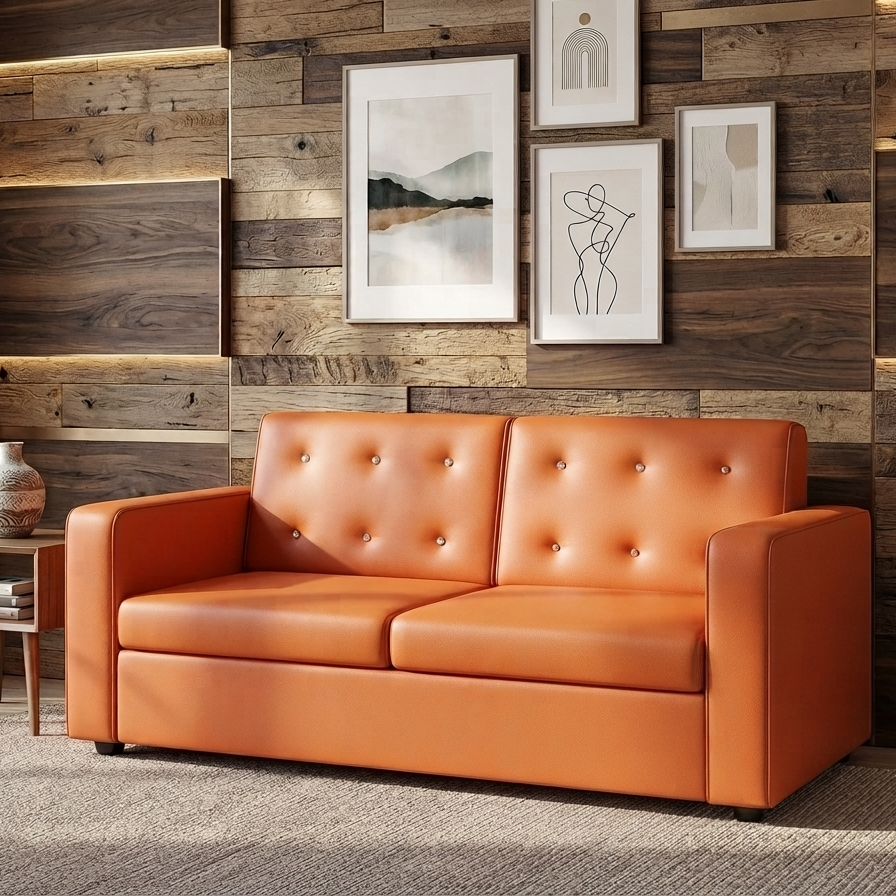 Picture of NF Trendy Tan Orange Artificial Faux Leather Sofa with Crystal Diamond Button- 3, 2, 1 Seater Luxury Sofa Set, Leatherette Sofa for Living Room and Office Use,