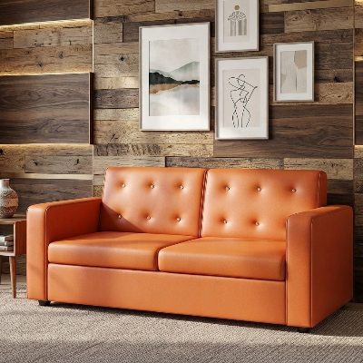 Picture of NF Trendy Tan Orange Artificial Faux Leather Sofa with Crystal Diamond Button- 3, 2, 1 Seater Luxury Sofa Set, Leatherette Sofa for Living Room and Office Use,