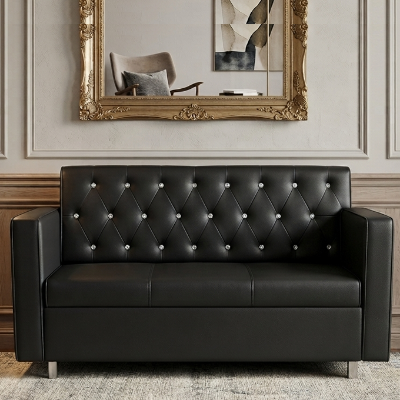 Picture of NF Royal Black Artificial Leather Sofa / Couch - with SS Leg & Crystal Diamond Tufting Sofa Set, 3 Seater Sofa, 2 Seater Sofa, 1 Seater Sofa for drawing rooms, office executive rooms, waiting areas, or study rooms.